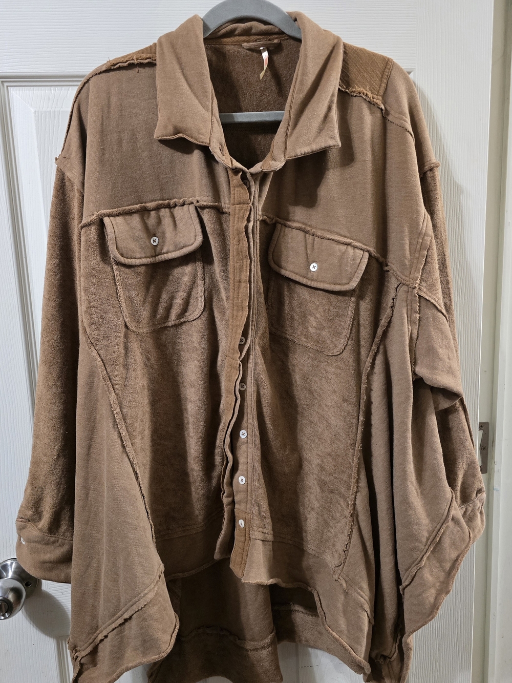 Free People Sweatshirt Hi Lo Slouchy Button Pockets Brown LG